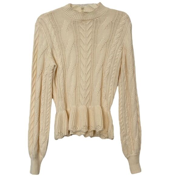 Draper James Cable Knit Sweater Ivory Ruffle Feminine Darling Knitted Top Medium - Picture 1 of 10